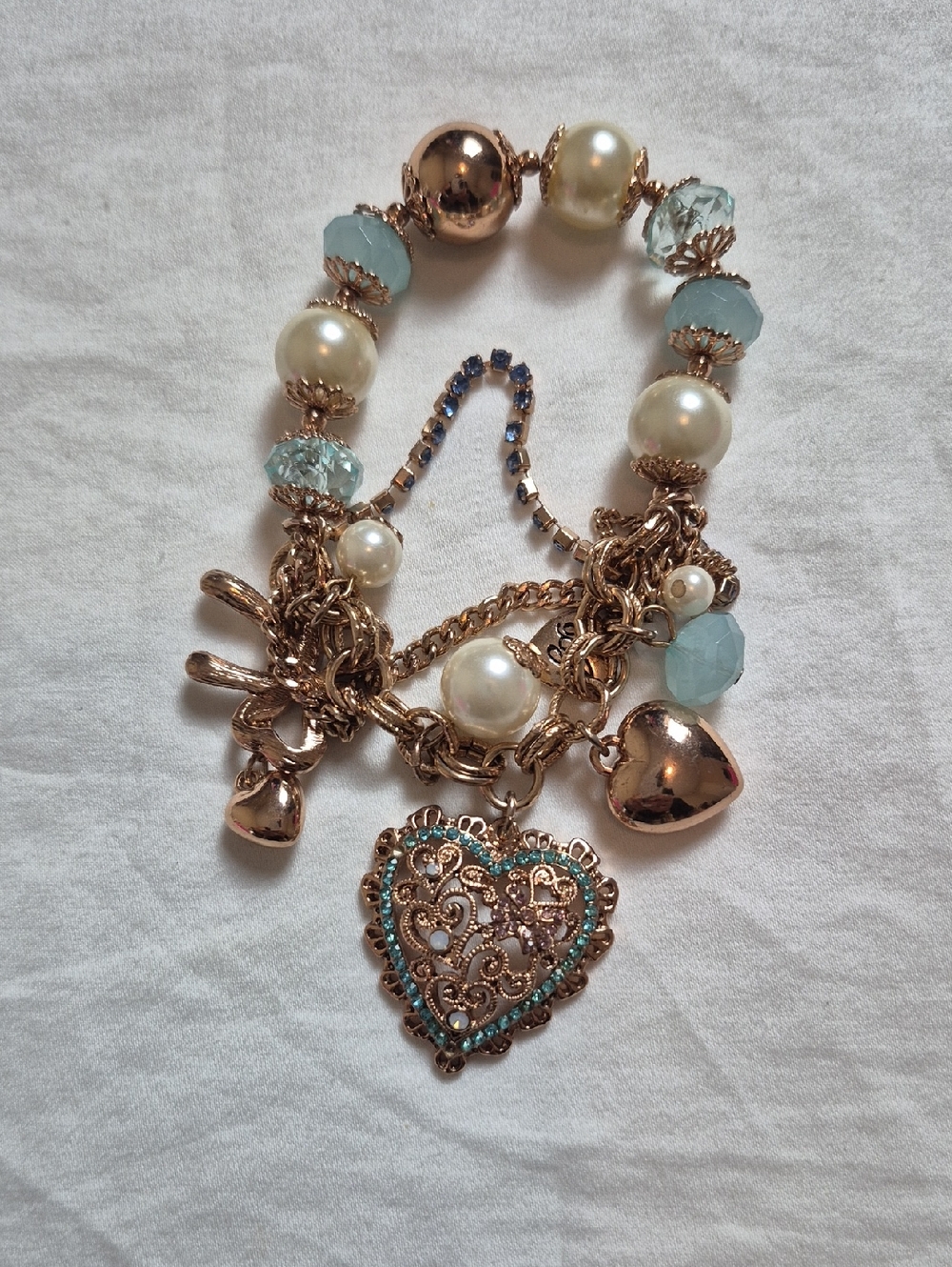 Betsey Johnson Gold-Tone Heart Charm Bracelet with Aqua and Pearl Accents